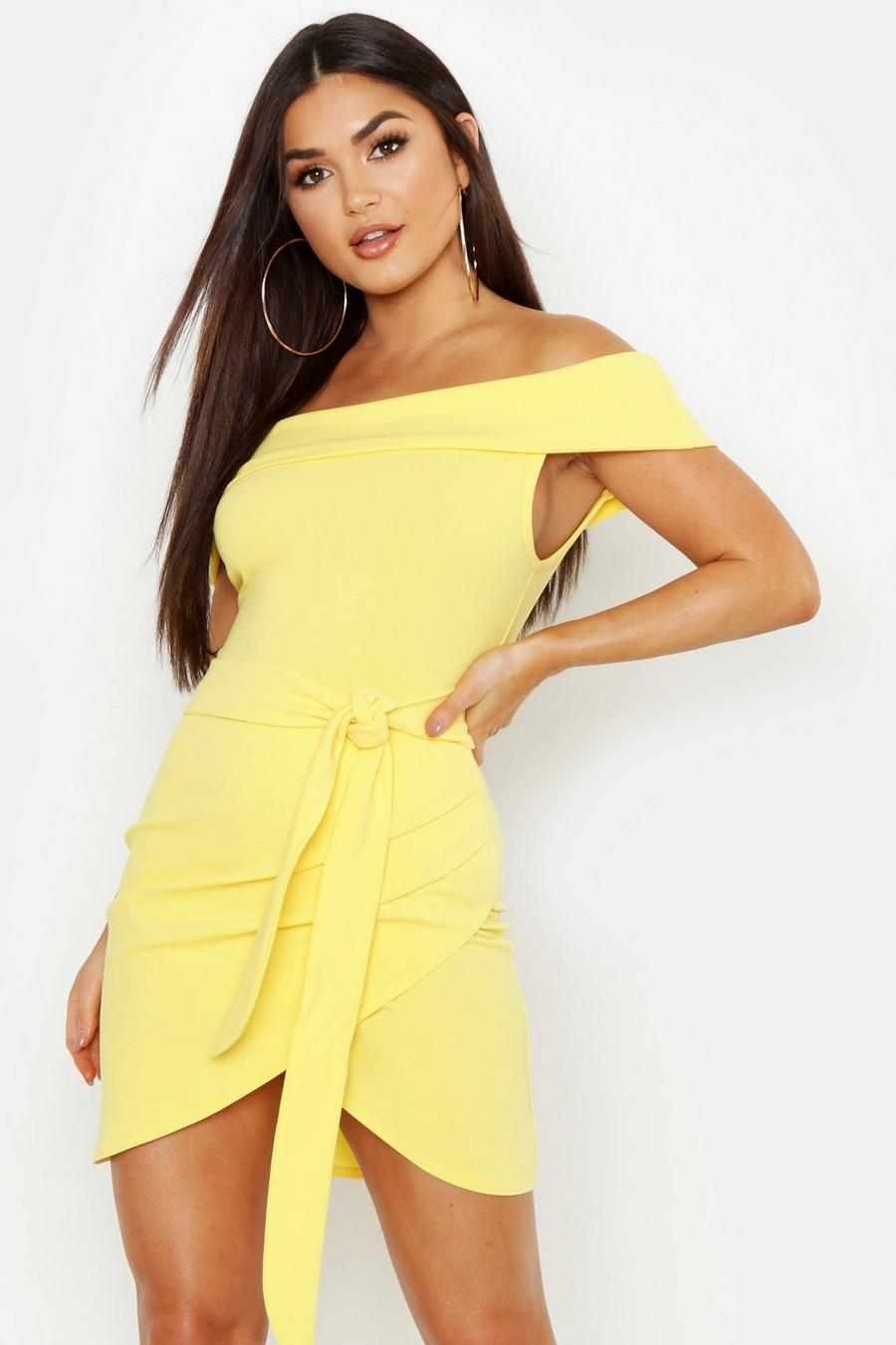 Yellow Off The Shoulder Wrap Detail Bodycon Dress image number 1