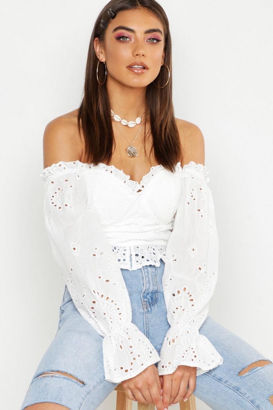 White Broderie Anglais Ruffle Puff Sleeve Crop image number 1