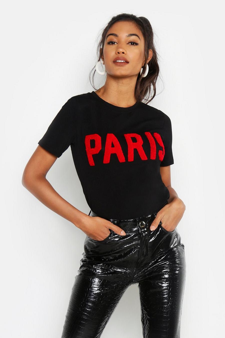 Paris strukturiertes T-Shirt mit Slogan, Schwarz image number 1