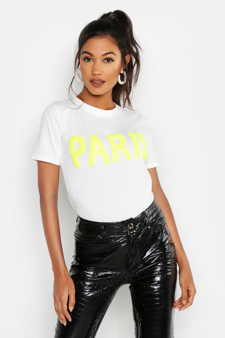 T-shirt testurizzata con scritta Paris, Neon-giallo image number 1
