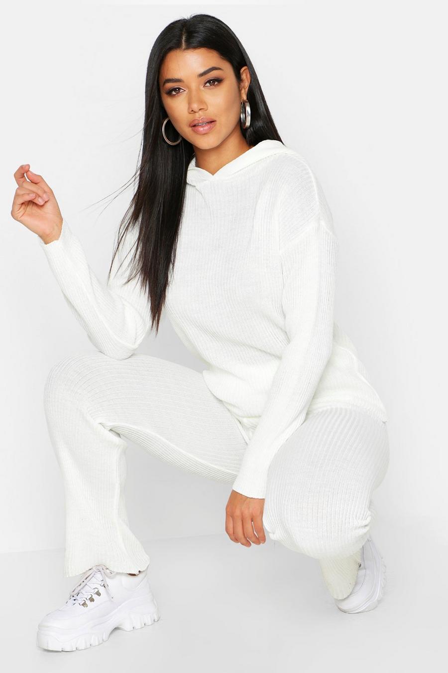 Oversized Hooded Knitted Flared Pants Set image number 1