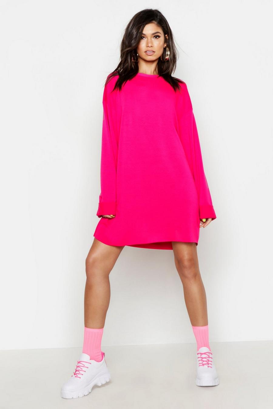 Vestido estilo suéter con bordes sin rematar extragrande, Rosa fosforito image number 1