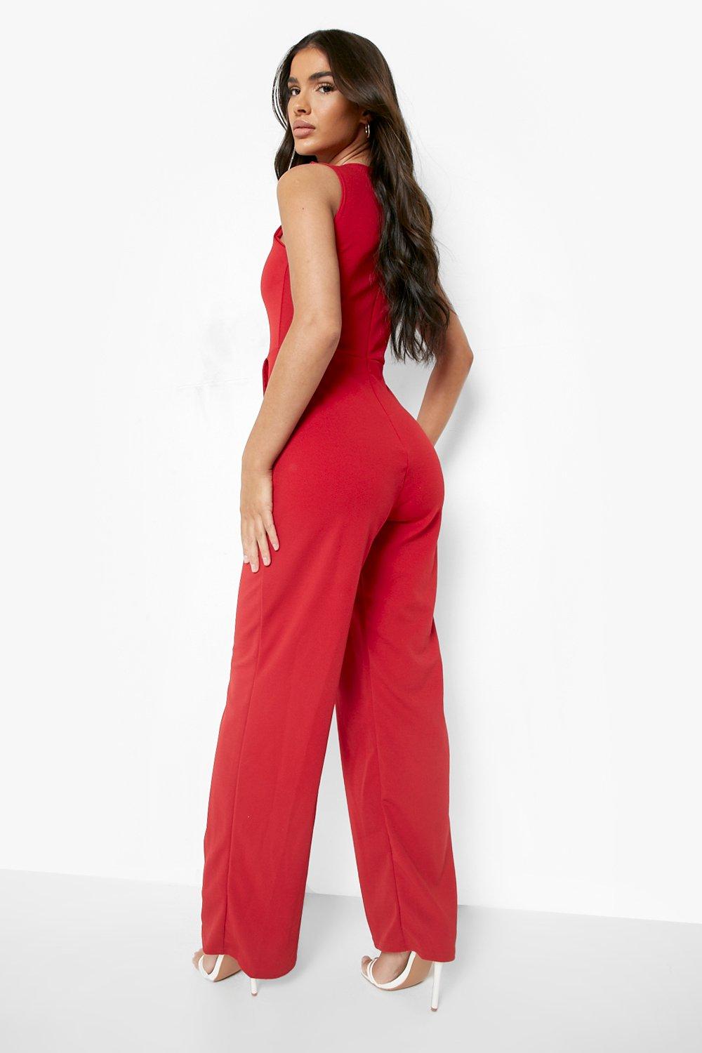 Plus Red Textured Wide Leg Jumpsuit