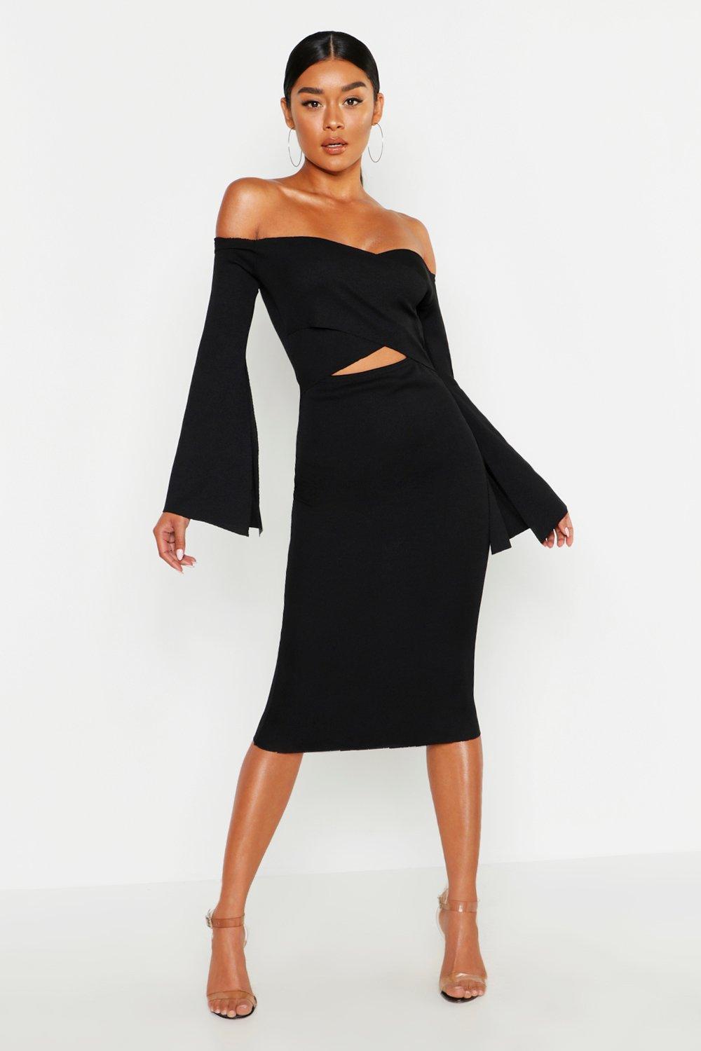 boohoo petite bardot wrap bodycon midi dress in black