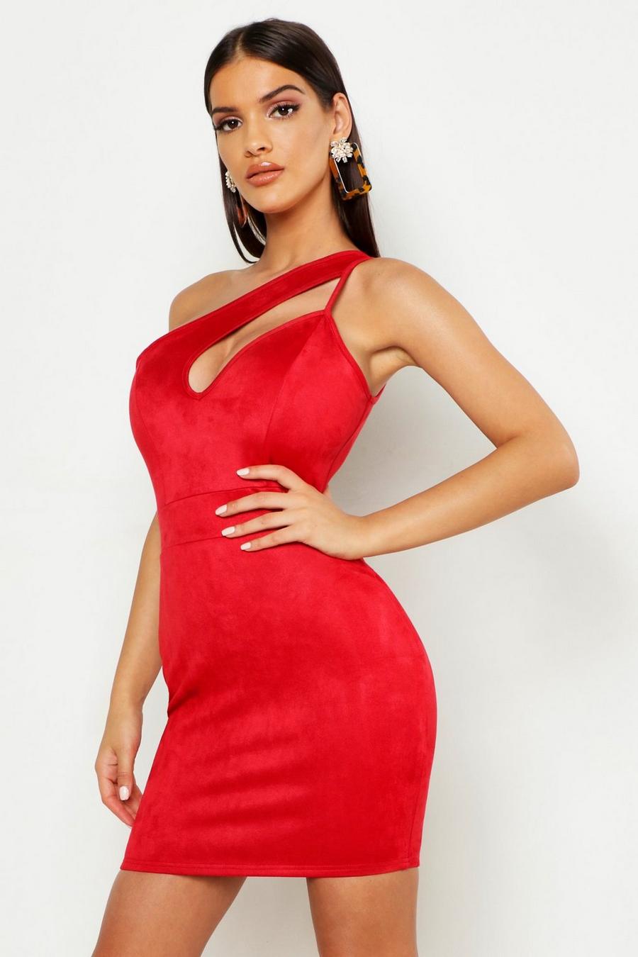 אדום שמלה צמודה One Shoulder מבד דמוי זמש עם חיתוך image number 1