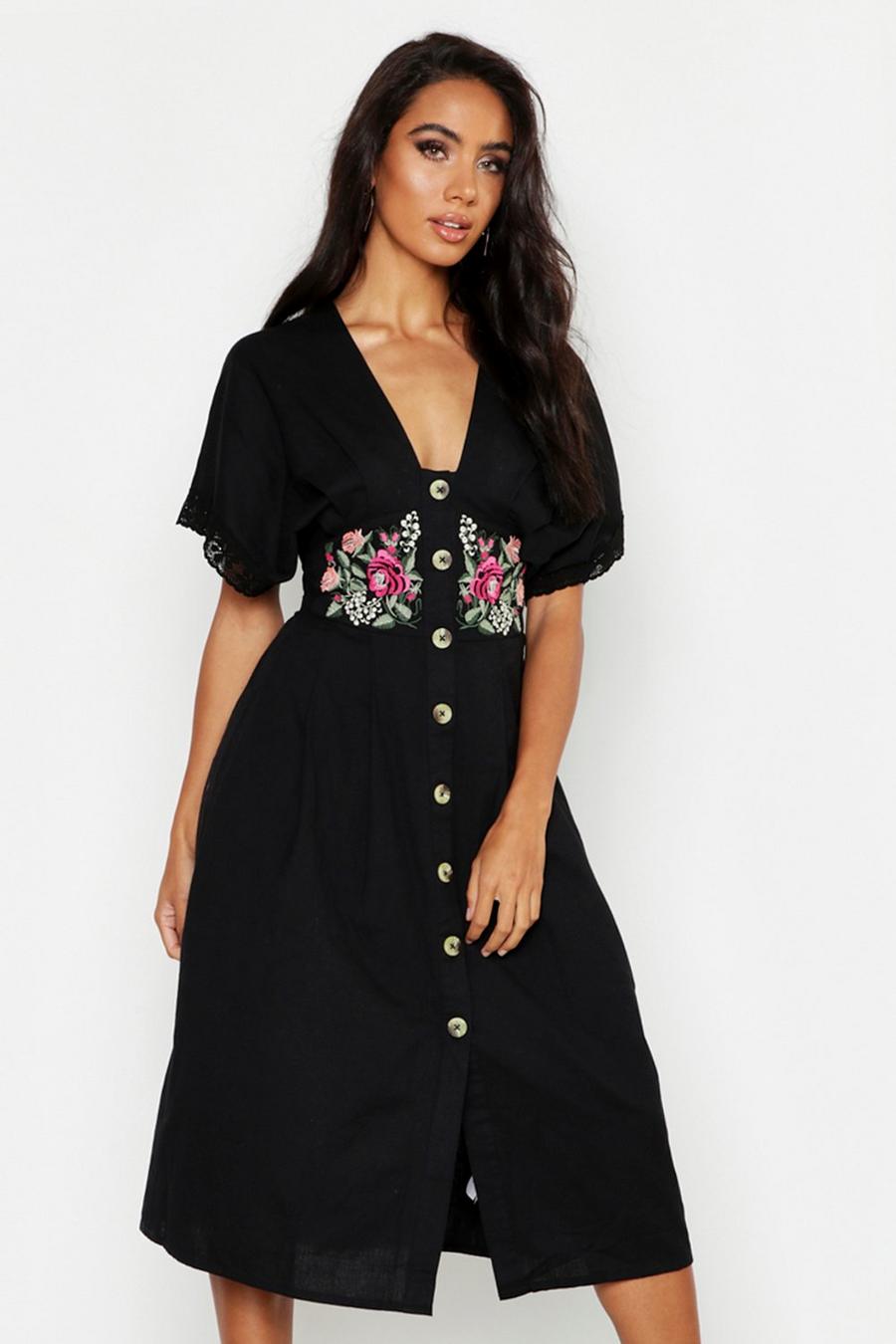Women's Embroidered Linen Button Front Midi Dress | Boohoo UK