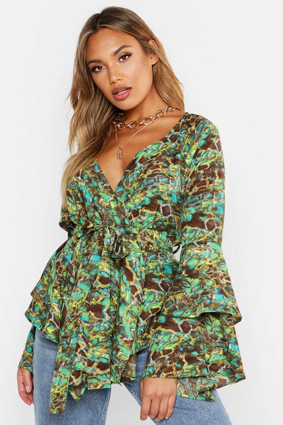 Green Snake Flare Wrap Blouse image number 1