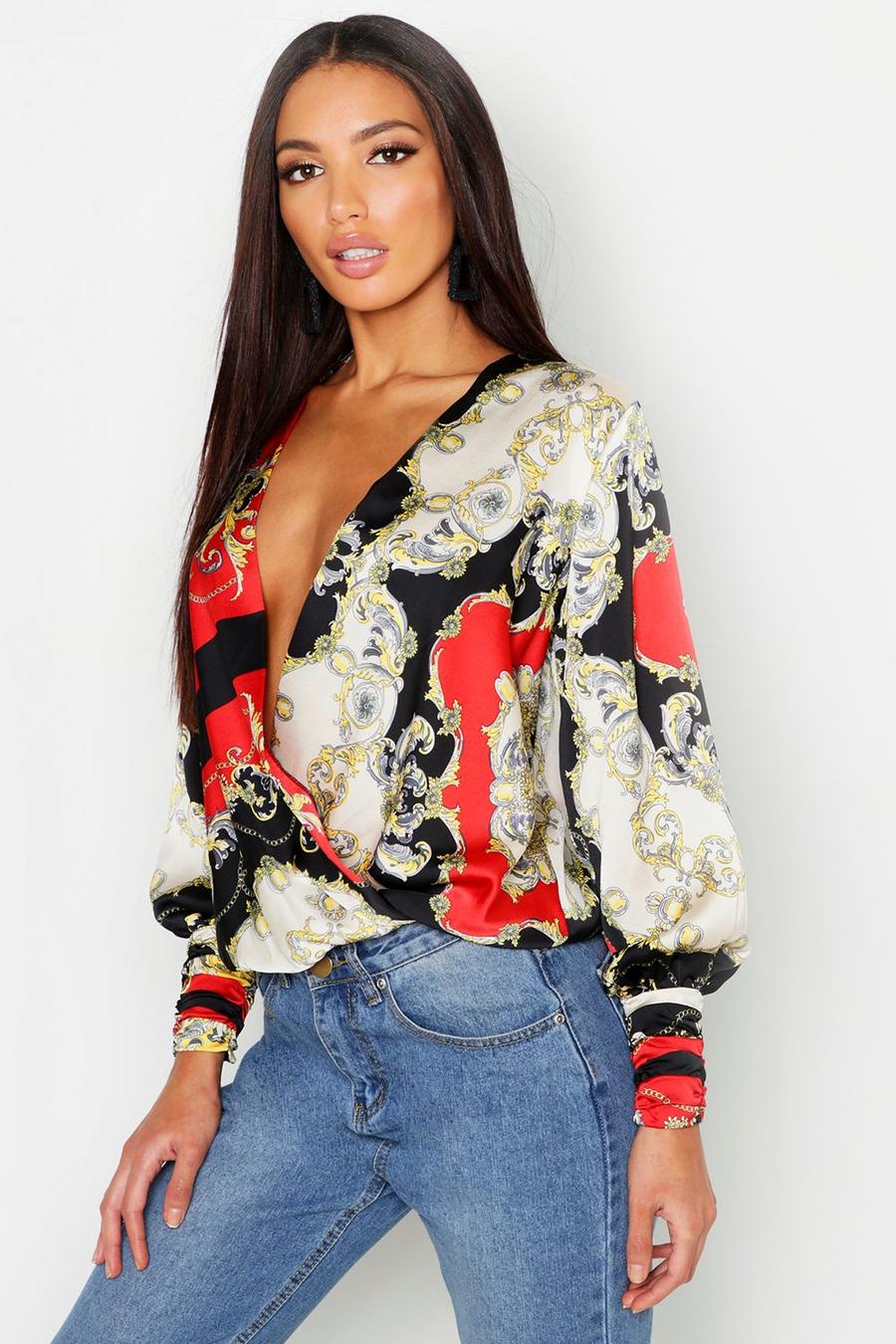 Woven Chain Print Wrap Blouse image number 1