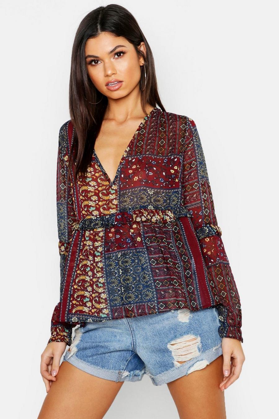 Wine red Woven Paisley Smock Top image number 1