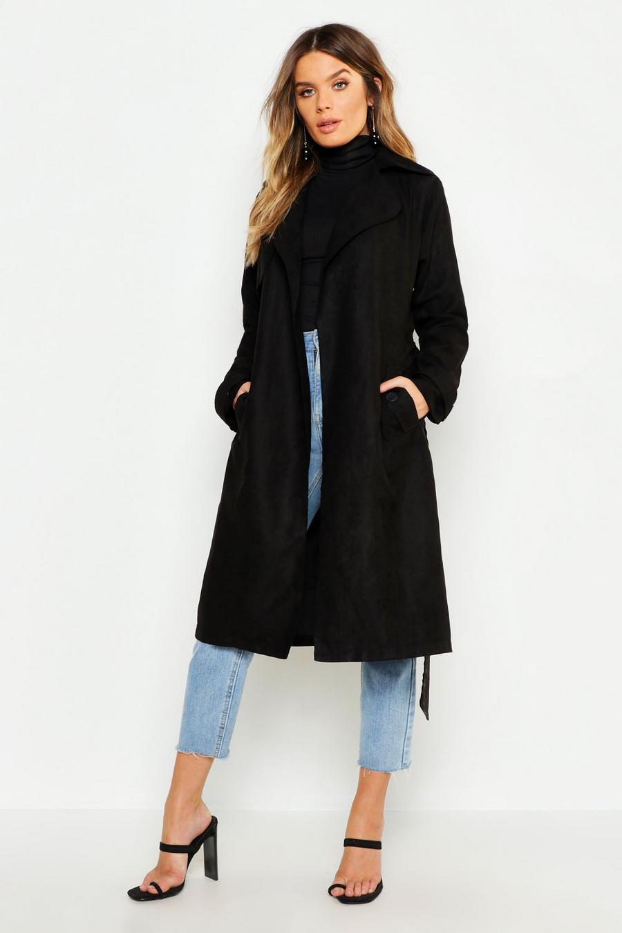 Black Faux Suede Trench Coat image number 1