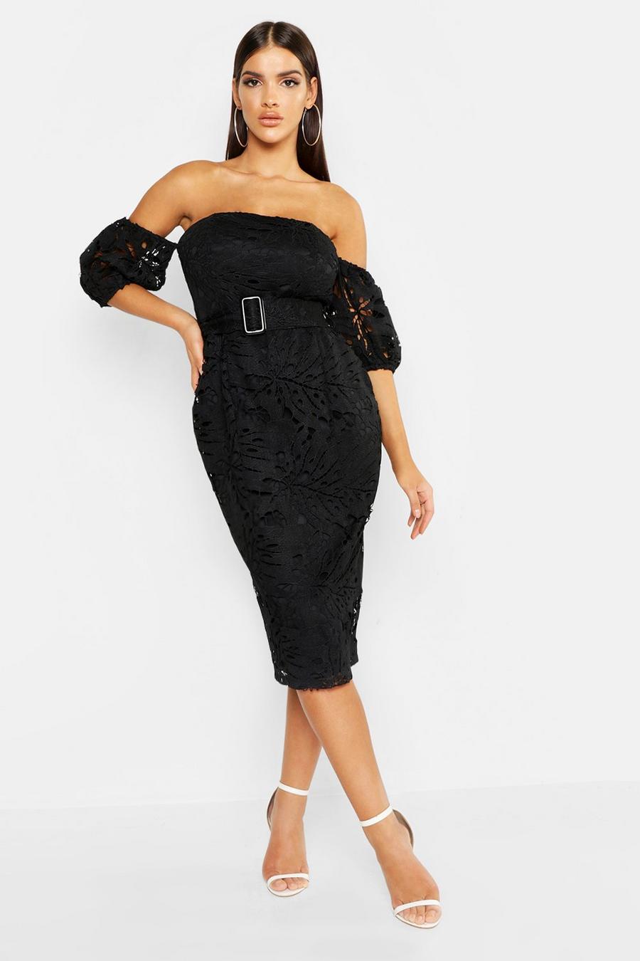 Black Lace Off The Shoulder Belted Midi Dress