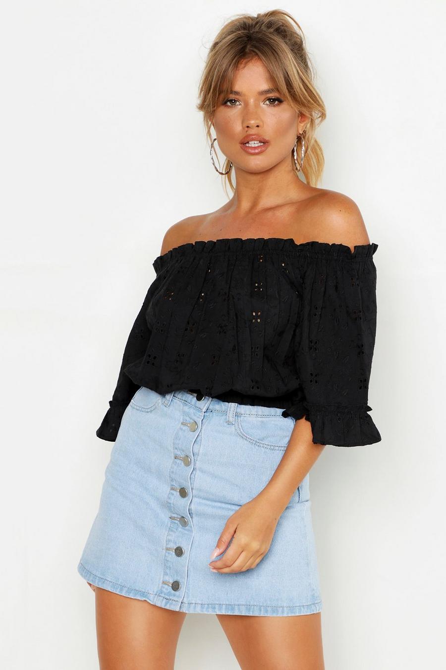 Black Off The Shoulder Broderie Anglaise Crop Top