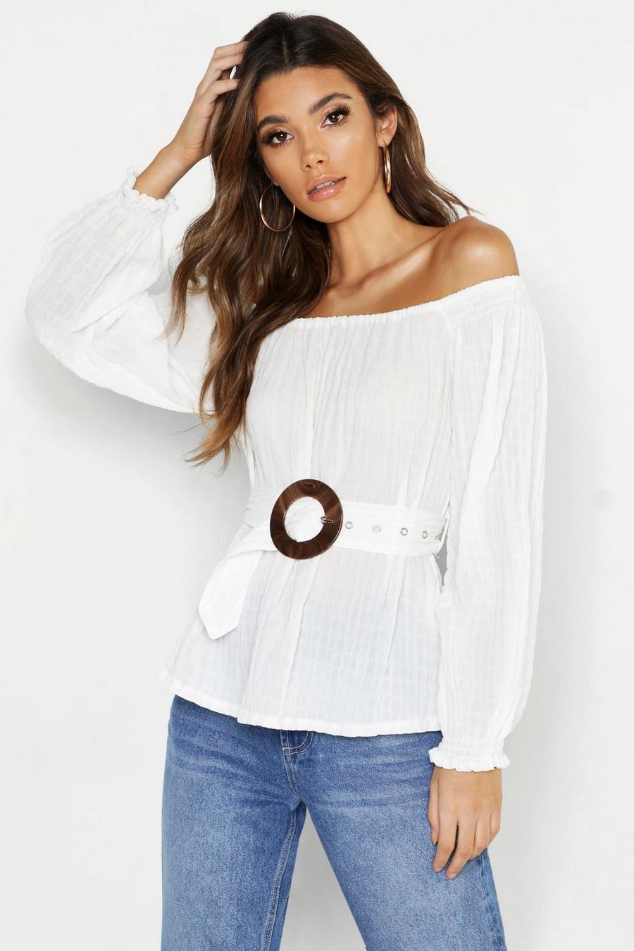 Oversized Wood Effect Buckle Ruched Bardot Top image number 1
