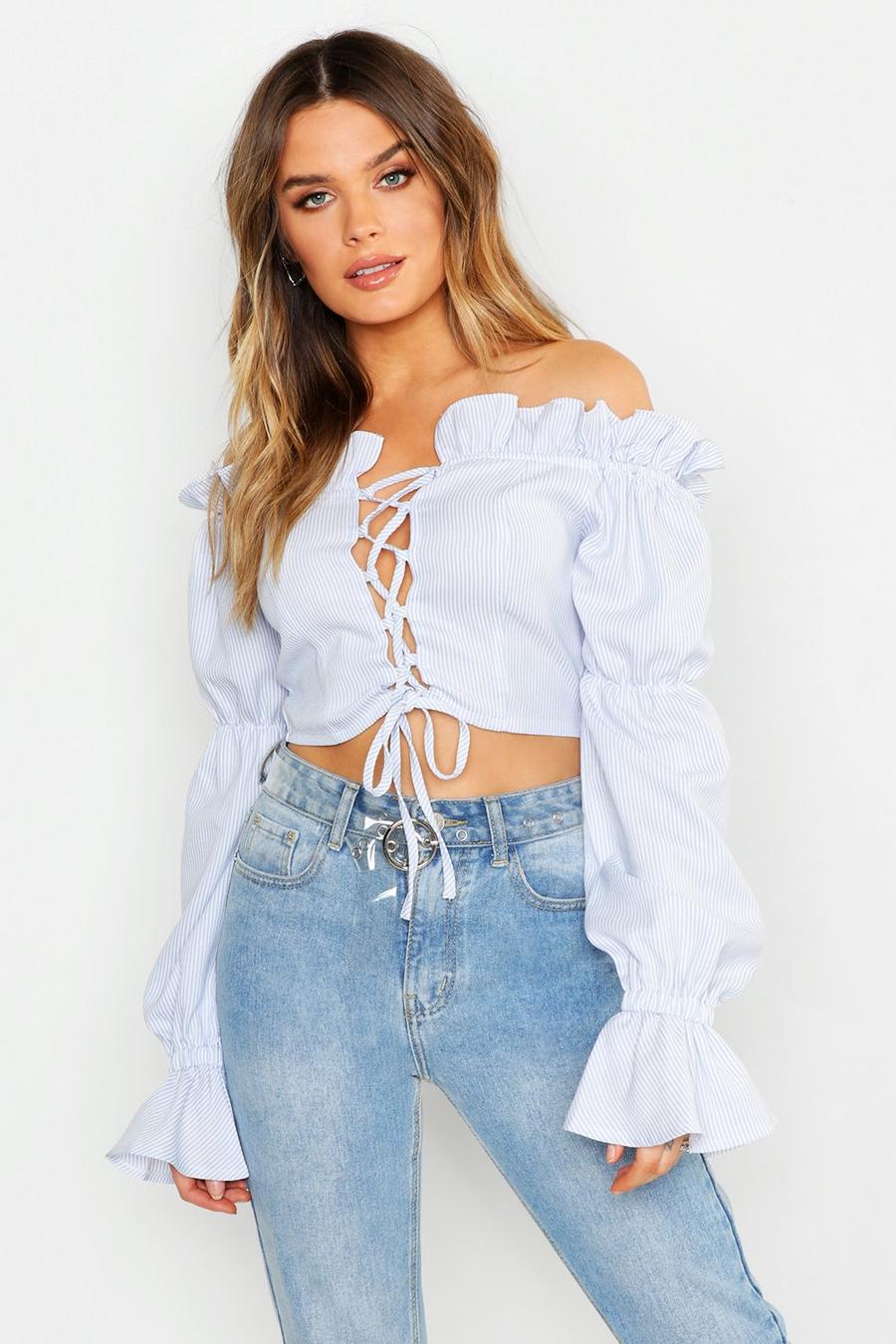 Stripe Ruffle Lace Up Crop Top image number 1