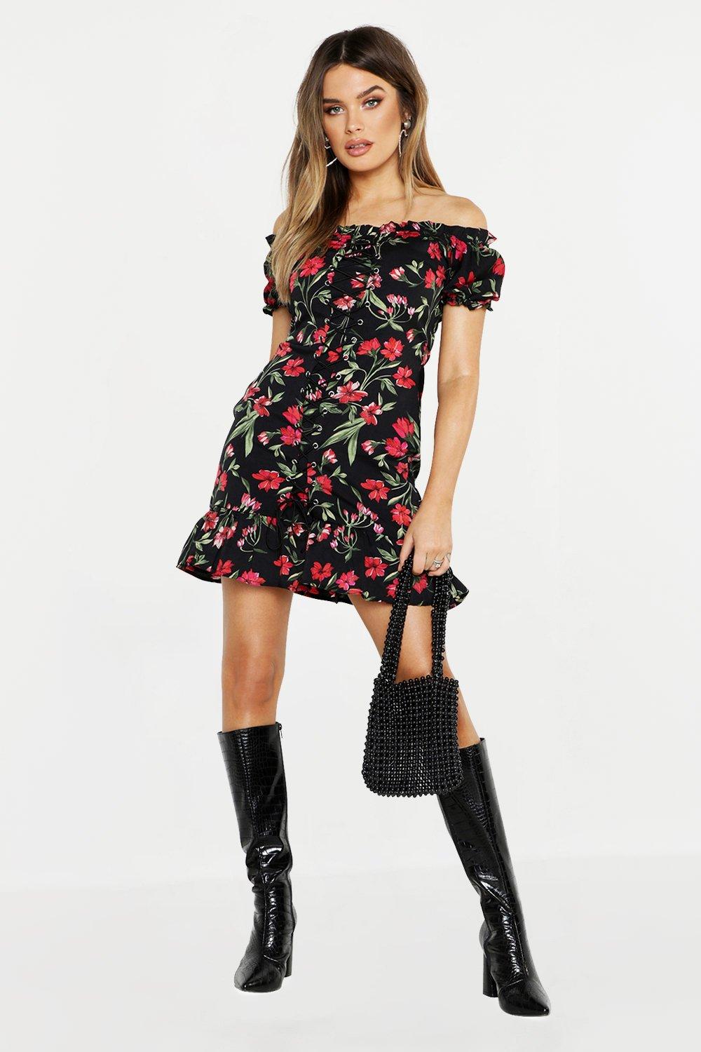 Black floral dress off the shoulder sale