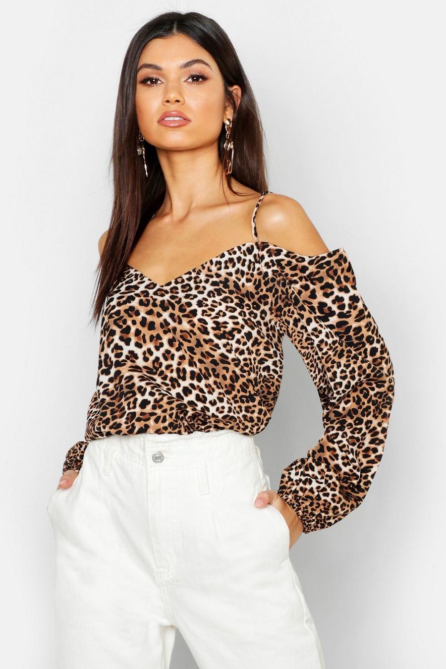 Brown brun Leopard Print Cold Shoulder Long Sleeve Top