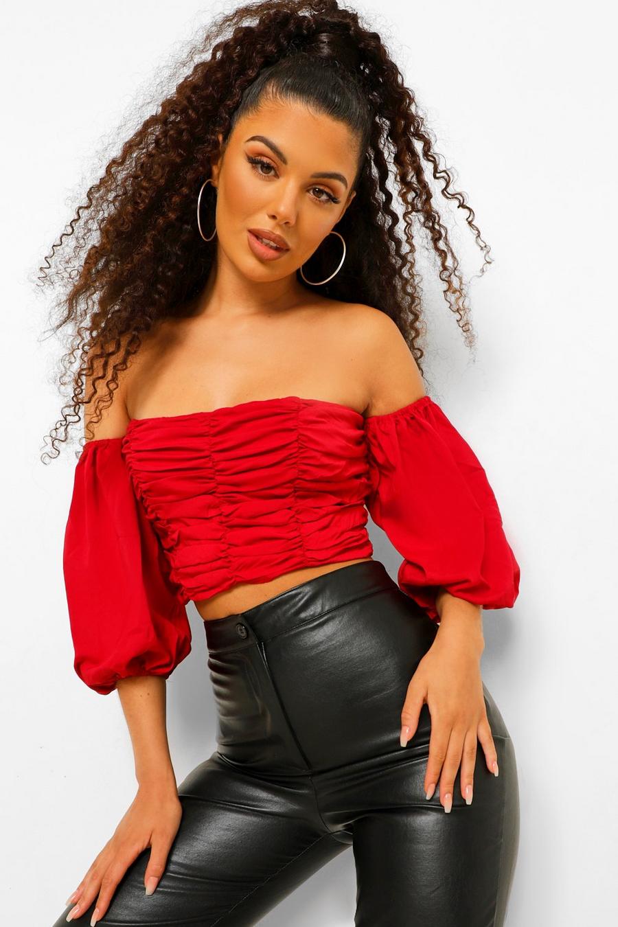 Berry Ruched Puff Sleeve Crop Top image number 1