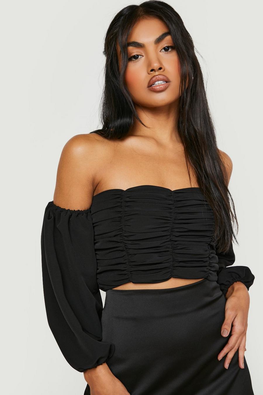 Black Ruched Puff Sleeve Crop Top image number 1