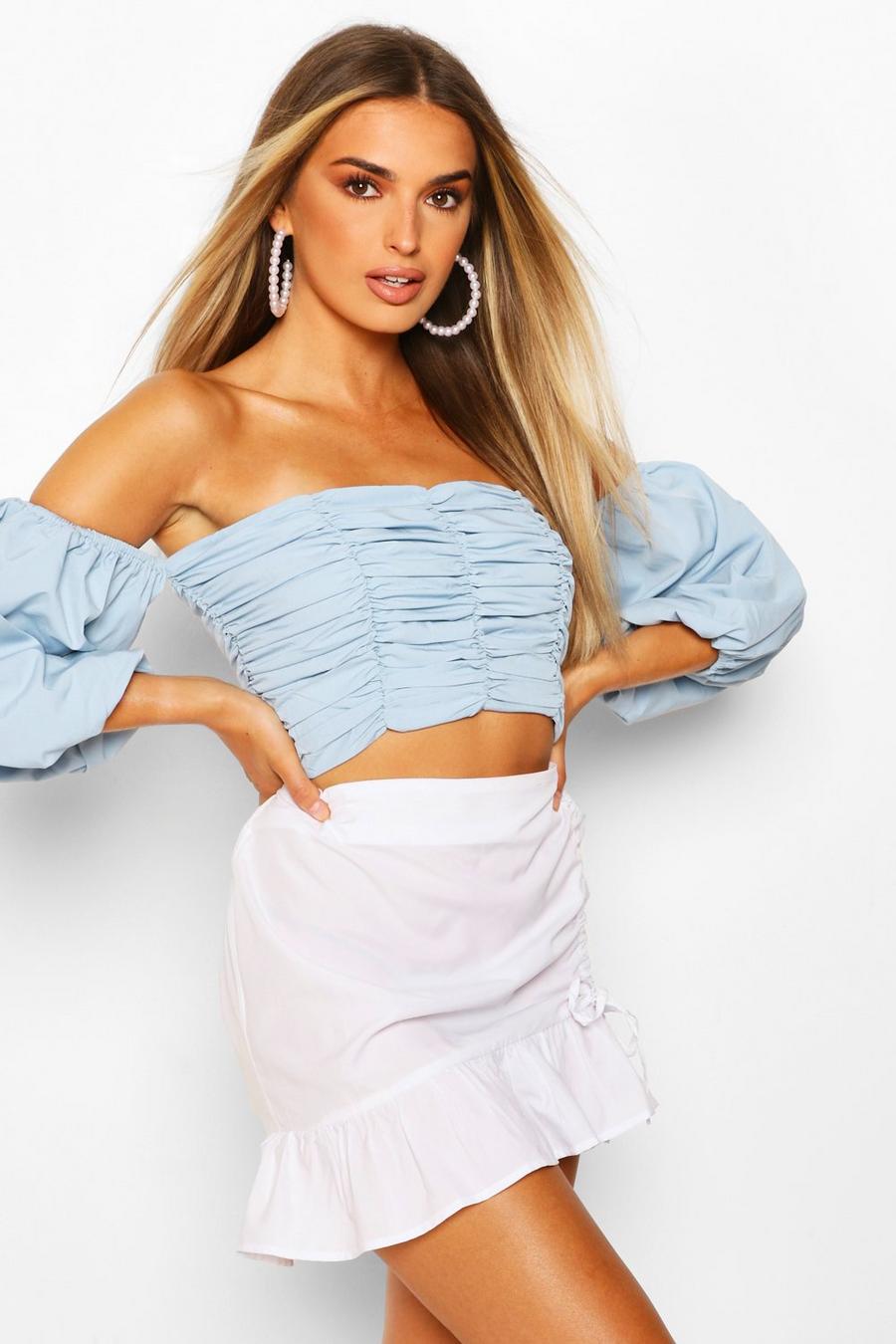Dusty blue Ruched Puff Sleeve Crop Top image number 1