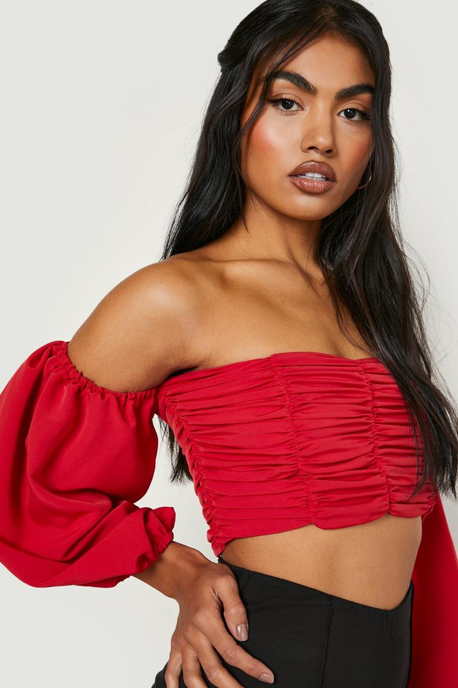 Red Ruched Puff Sleeve Crop Top image number 1