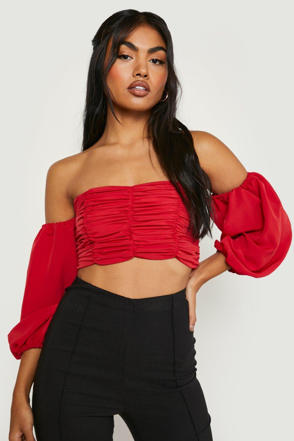 Red ruched crop store top