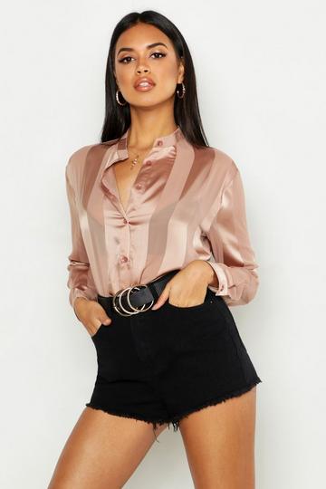 Satin Stripe Collarless Shirt mocha