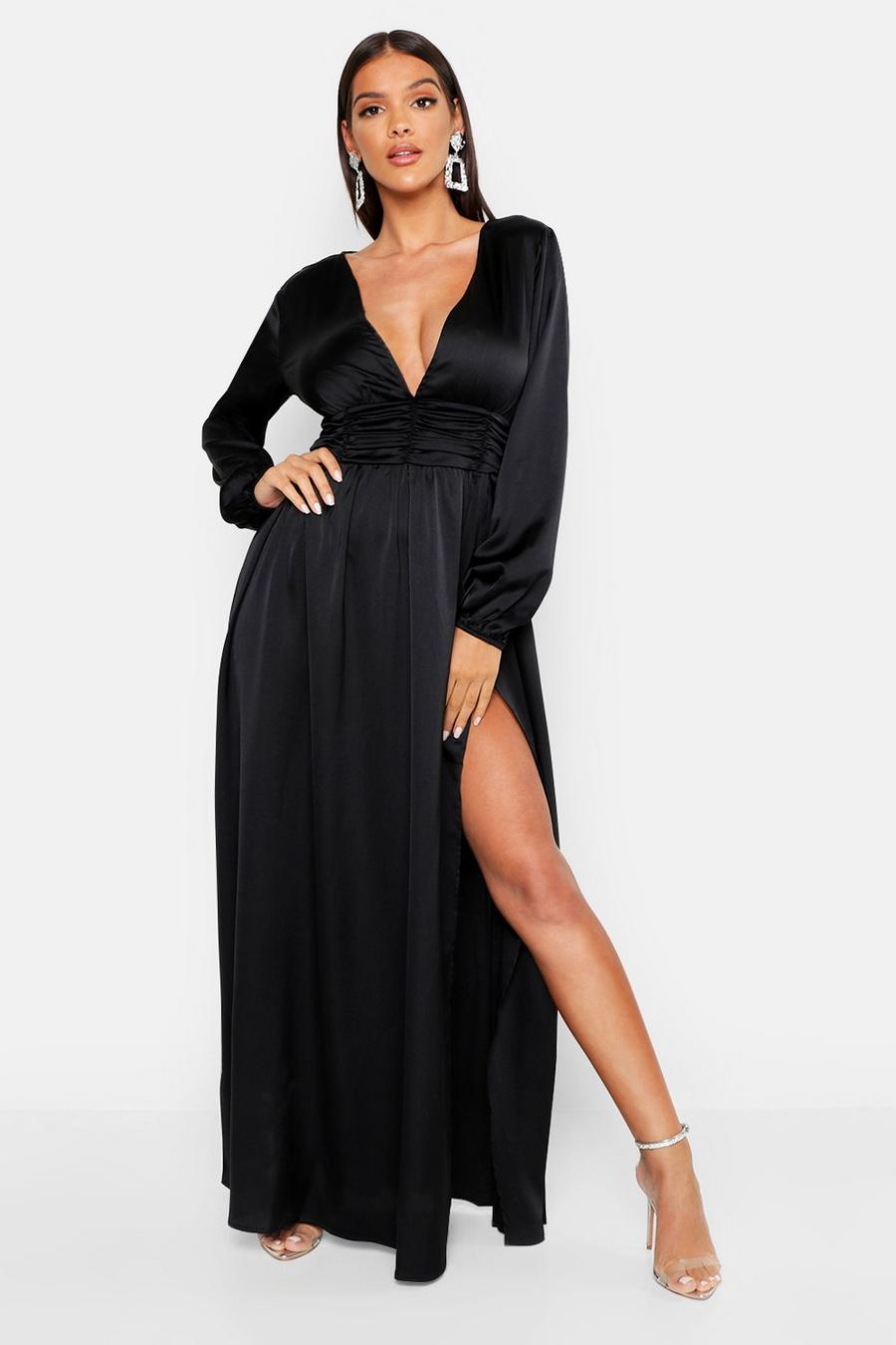 Black Satin Long Sleeve Split Detail Maxi Dress image number 1