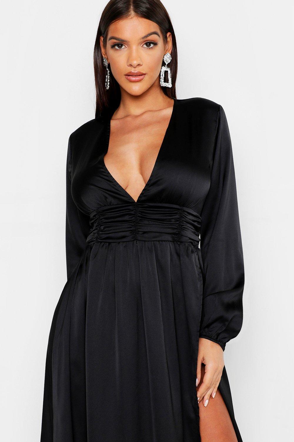 Robe satin noir manche longue new arrivals