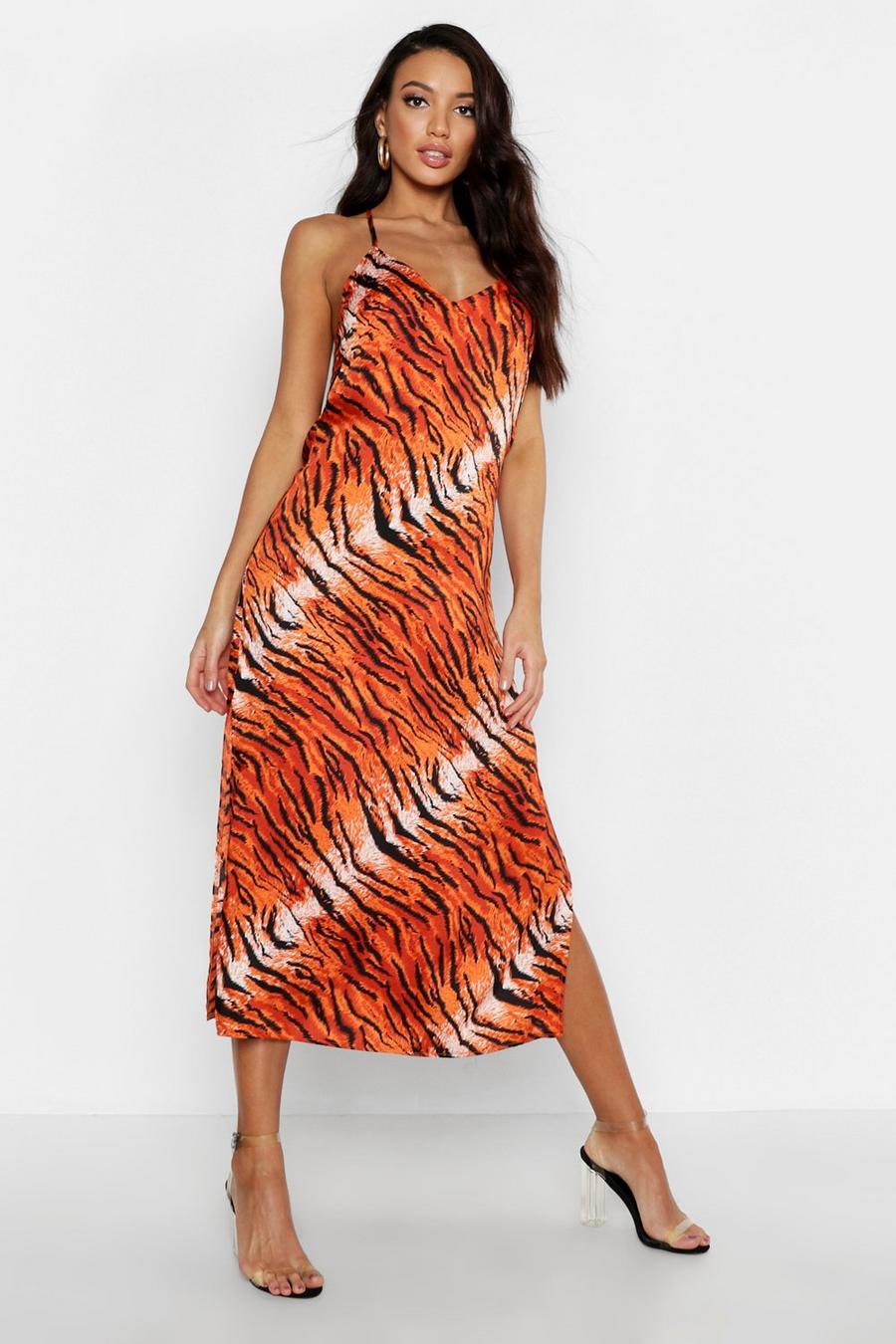 Spaghettiträger-Kleid mit Wasserfallausschnitt und Tigermuster image number 1