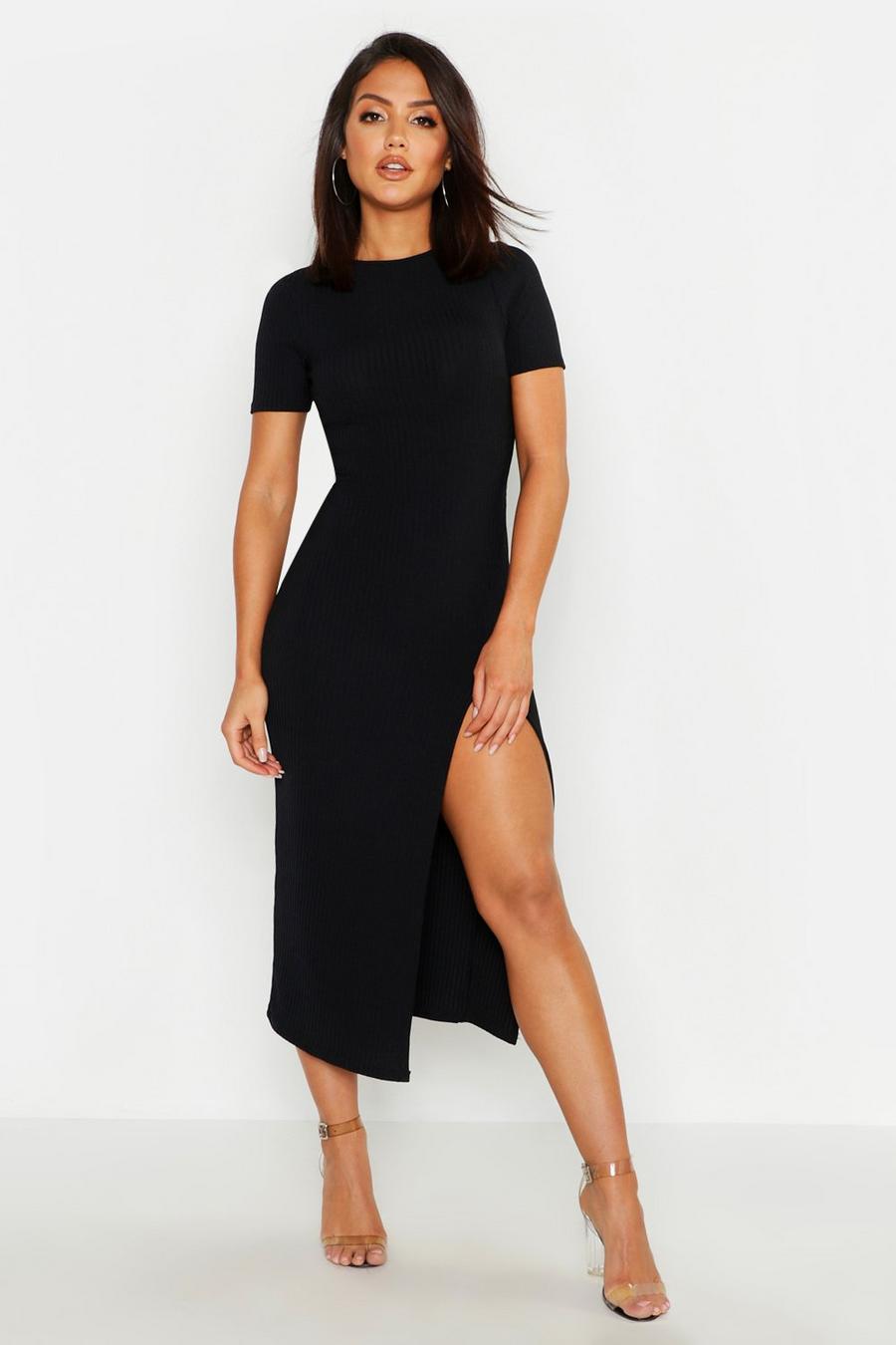 Zwart Midi-jurk met split en kant en jumbo-rib image number 1
