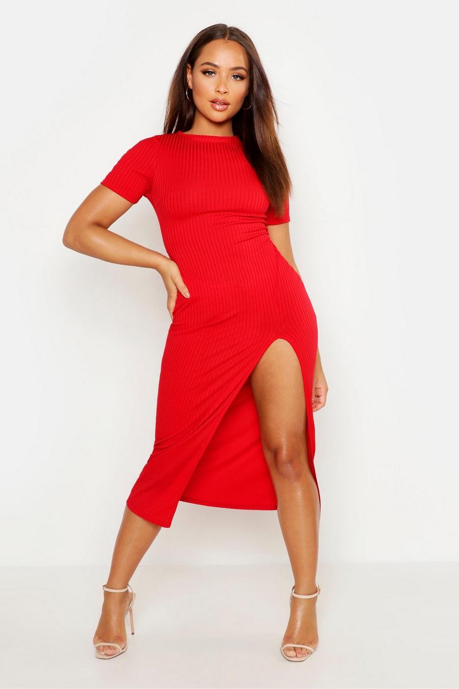 Rood Midi-jurk met split en kant en jumbo-rib image number 1