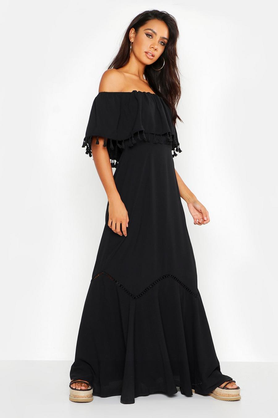 שחור שמלת מקסי עם כתפיים חשופות וגימור טאסל image number 1