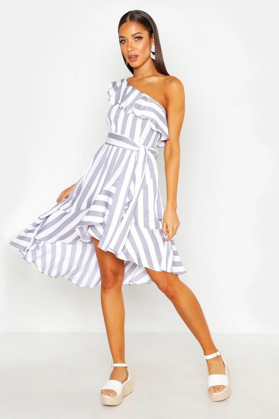 Grey Textured Stripe Ruffle Hem Midi Dress image number 1