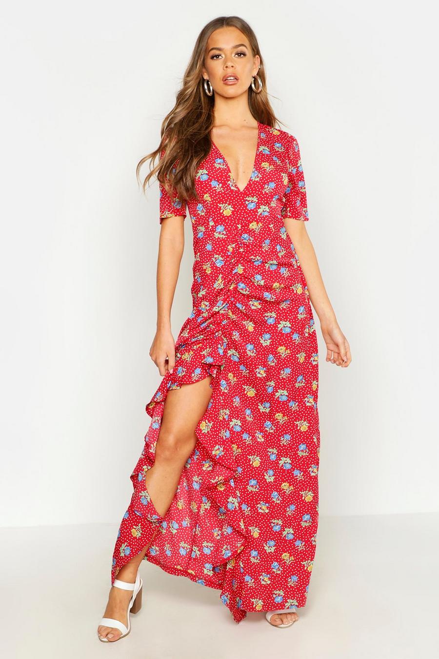 Women's Floral Rouched Front Open Back Maxi Dress | Boohoo UK