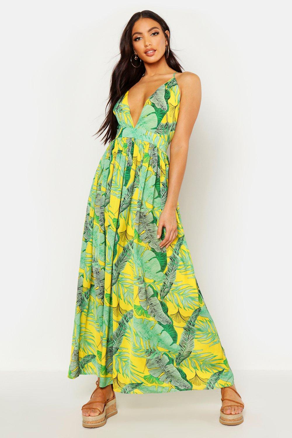 Plunge Front Palm Print Maxi Dress boohoo UK