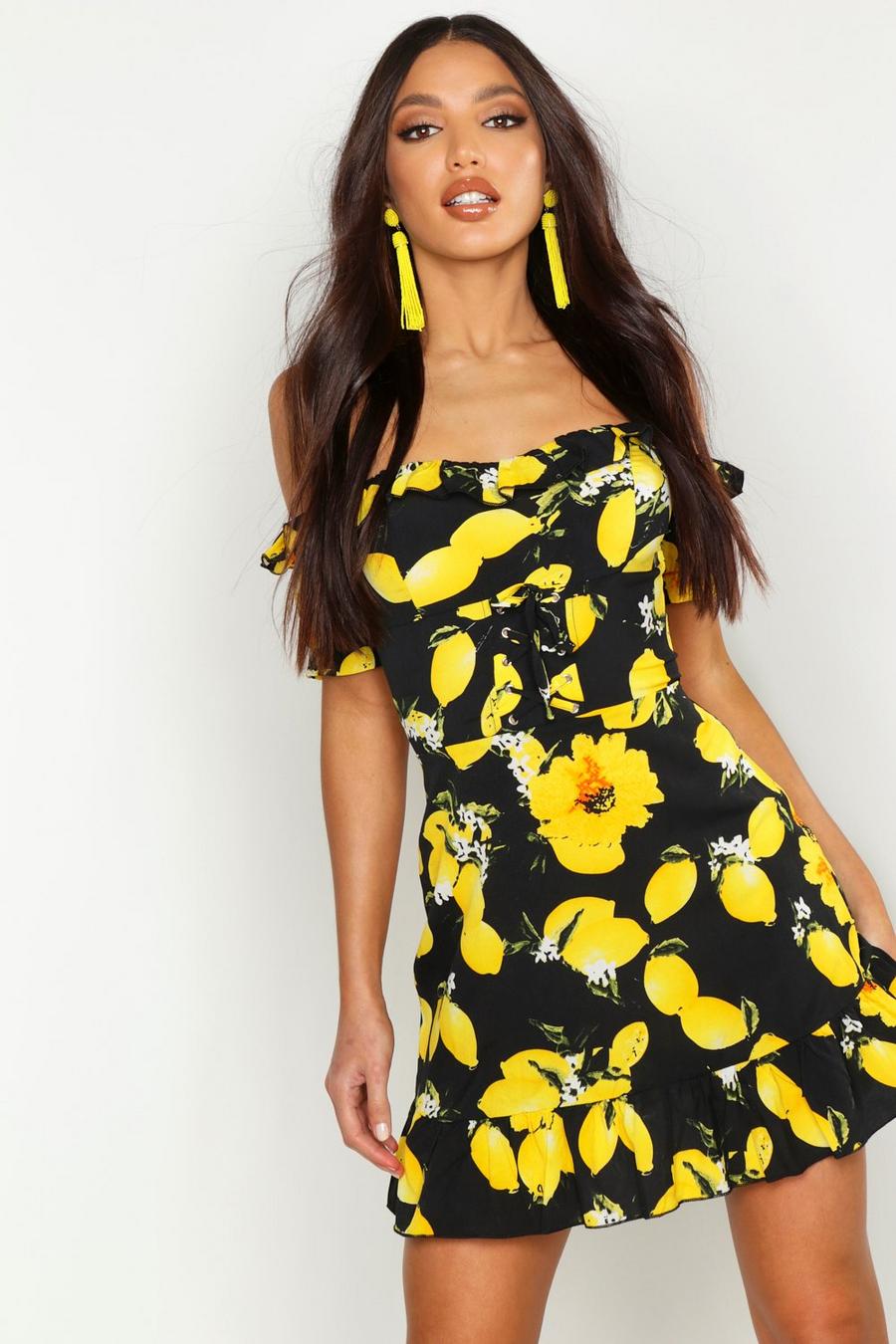 Black Kort off shoulder-klänning med citronmönster image number 1