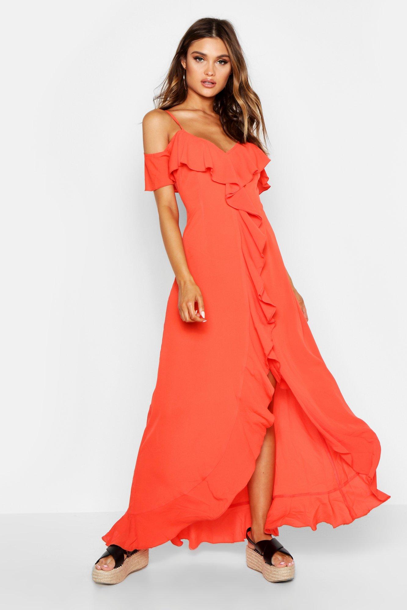 Red Cold Shoulder Ruffle Detail Maxi Dress
