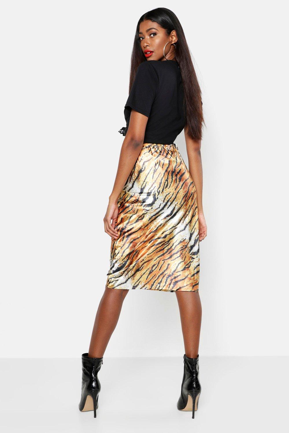 tiger print satin skirt