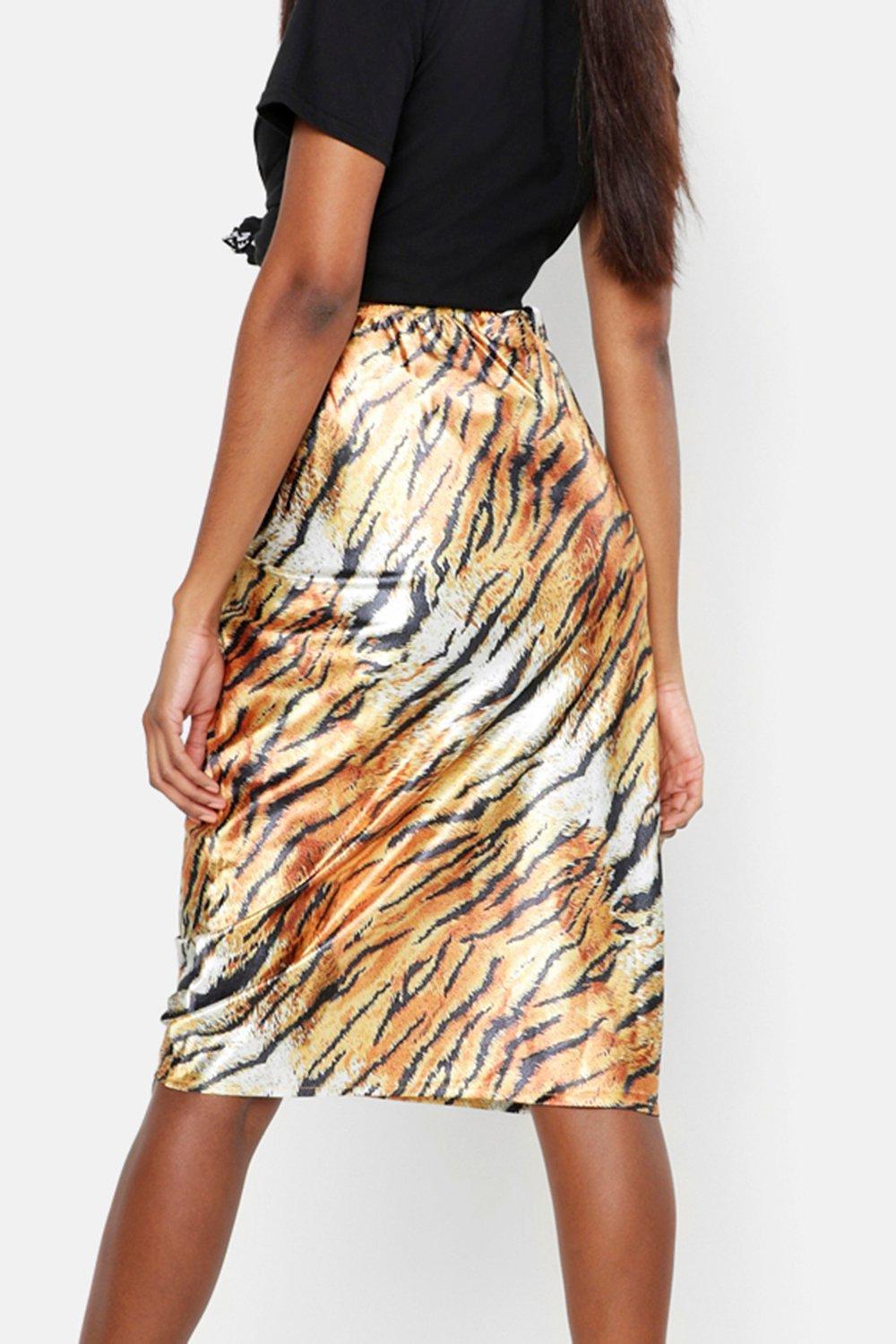Tiger Print Satin Bias Cut Slip Midi Skirt