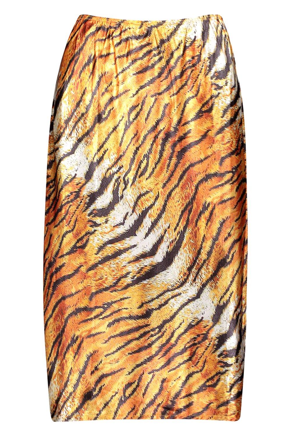 Tiger Print Satin Bias Cut Slip Midi Skirt