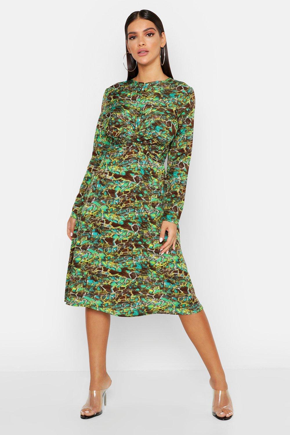 green snake print midi dress