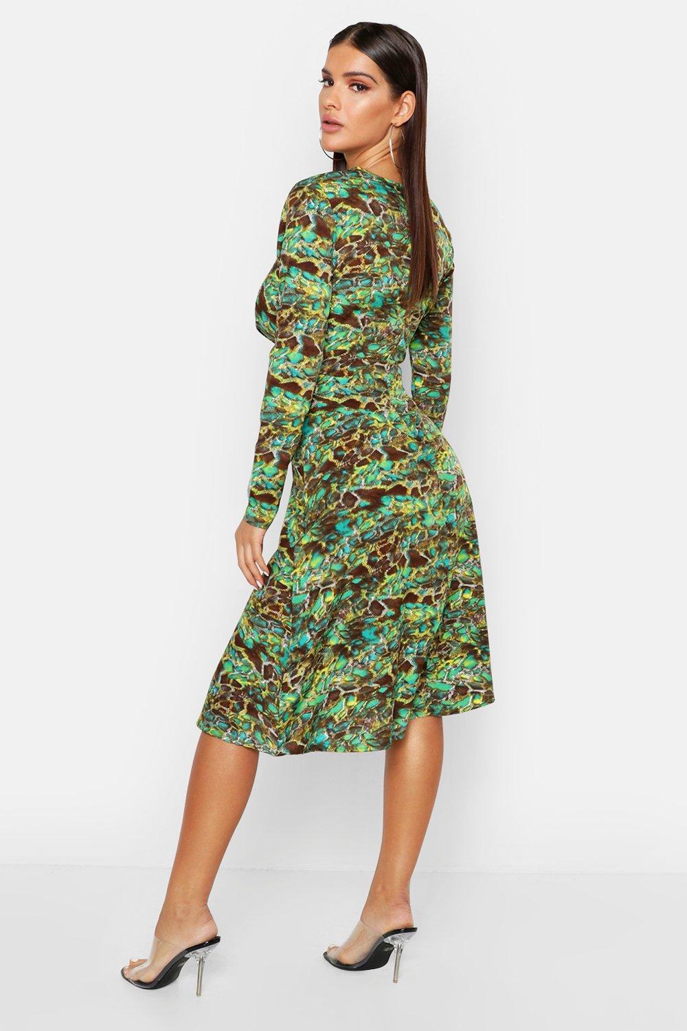 green snake print midi dress