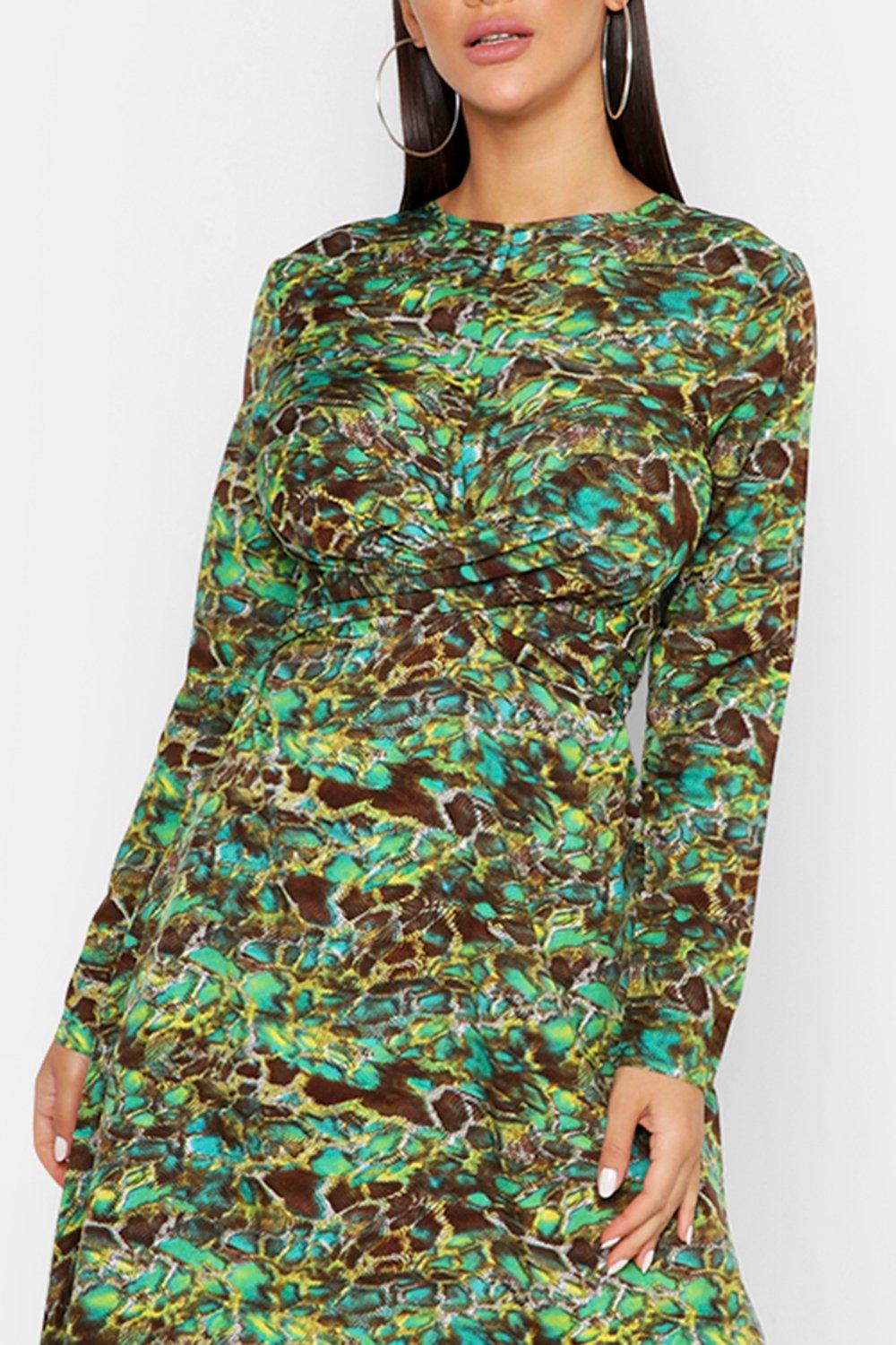 green snake print midi dress