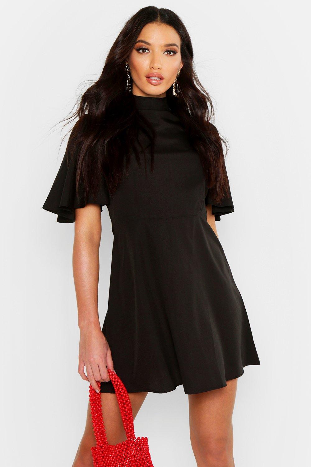 High Neck Flutter Sleeve Skater Dress