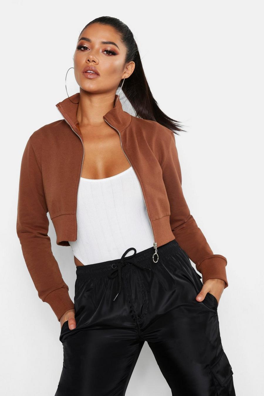 Chocolate Cropped Zip Front Jacket image number 1