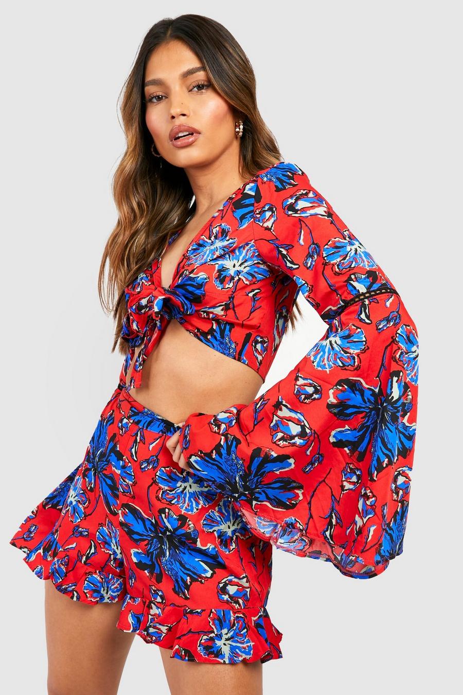 Red Woven Floral Flared Sleeve Crop & Flippy Shorts image number 1