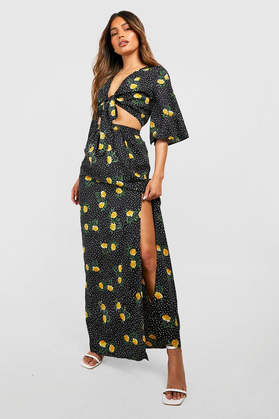 Black Woven Knot Front Flared Sleeve Crop & Maxi Skirt 