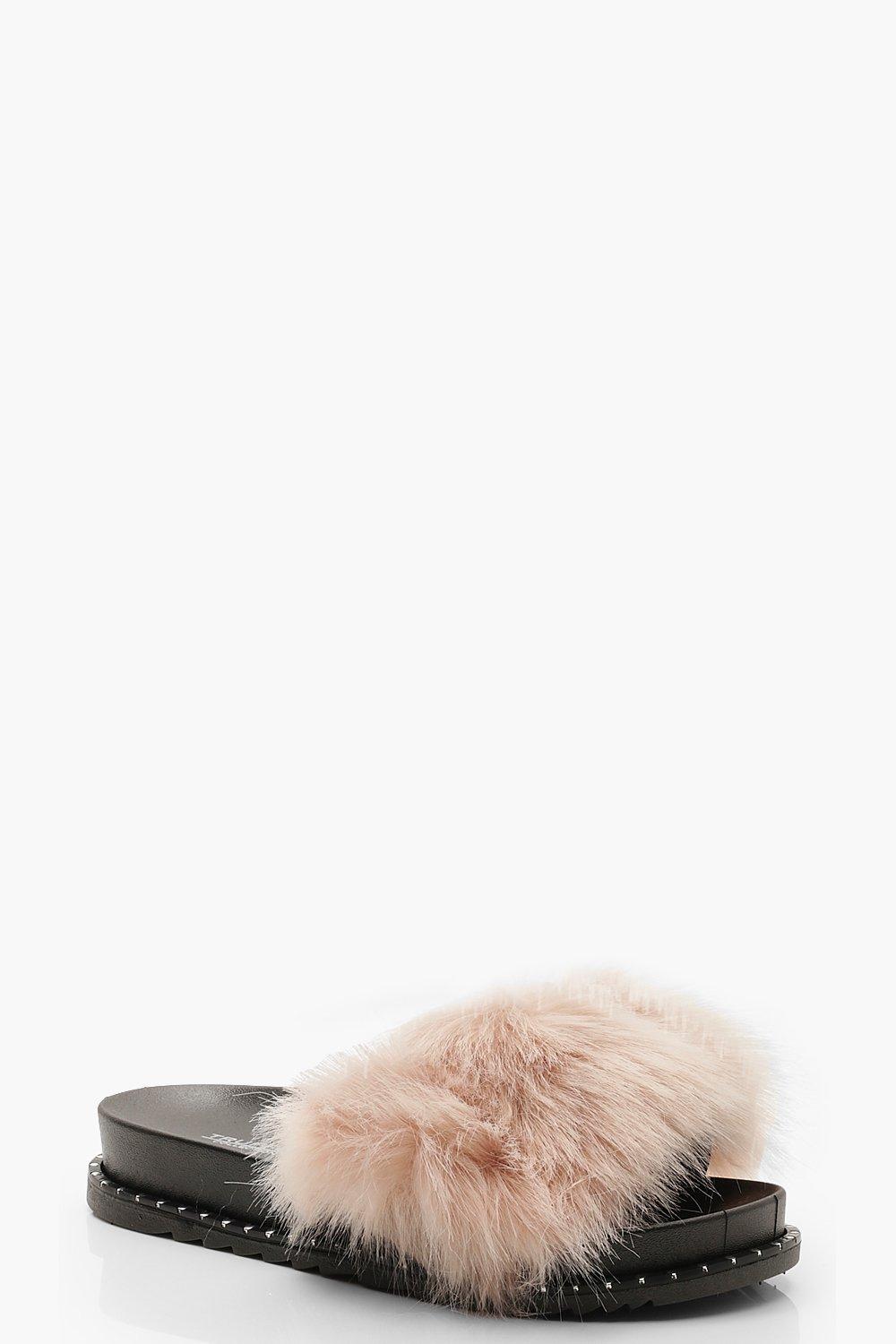 black fluffy sliders with strap