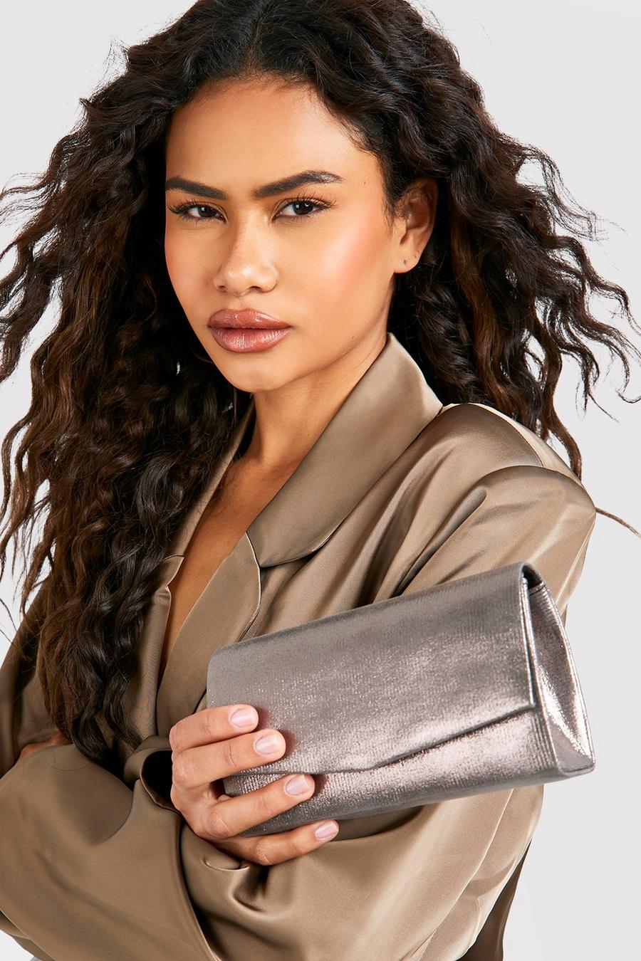 Pewter gris Structured Metallic Clutch Bag & Chain
