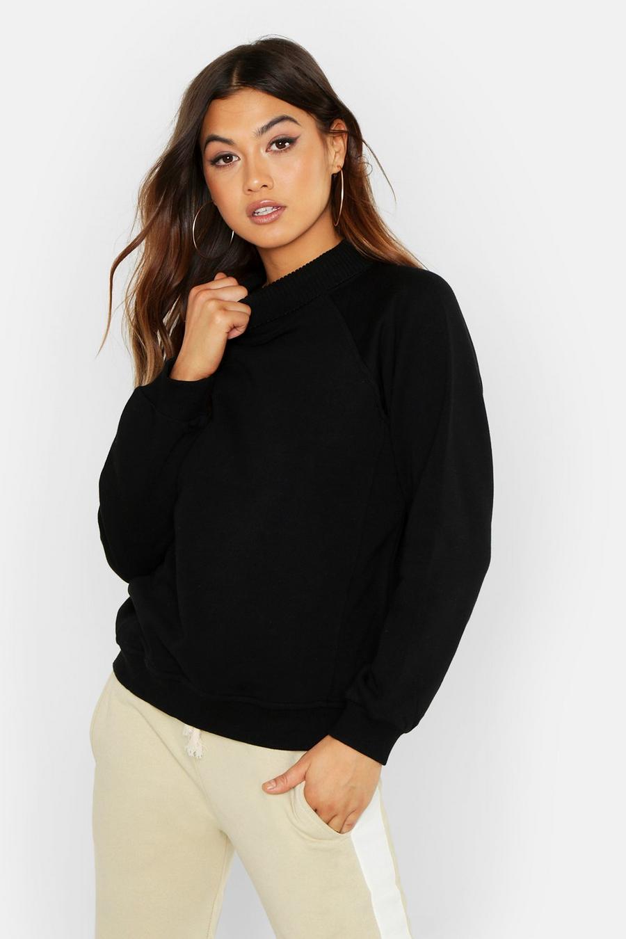 Black Knit Rib Roll Neck Oversize Sweatshirt